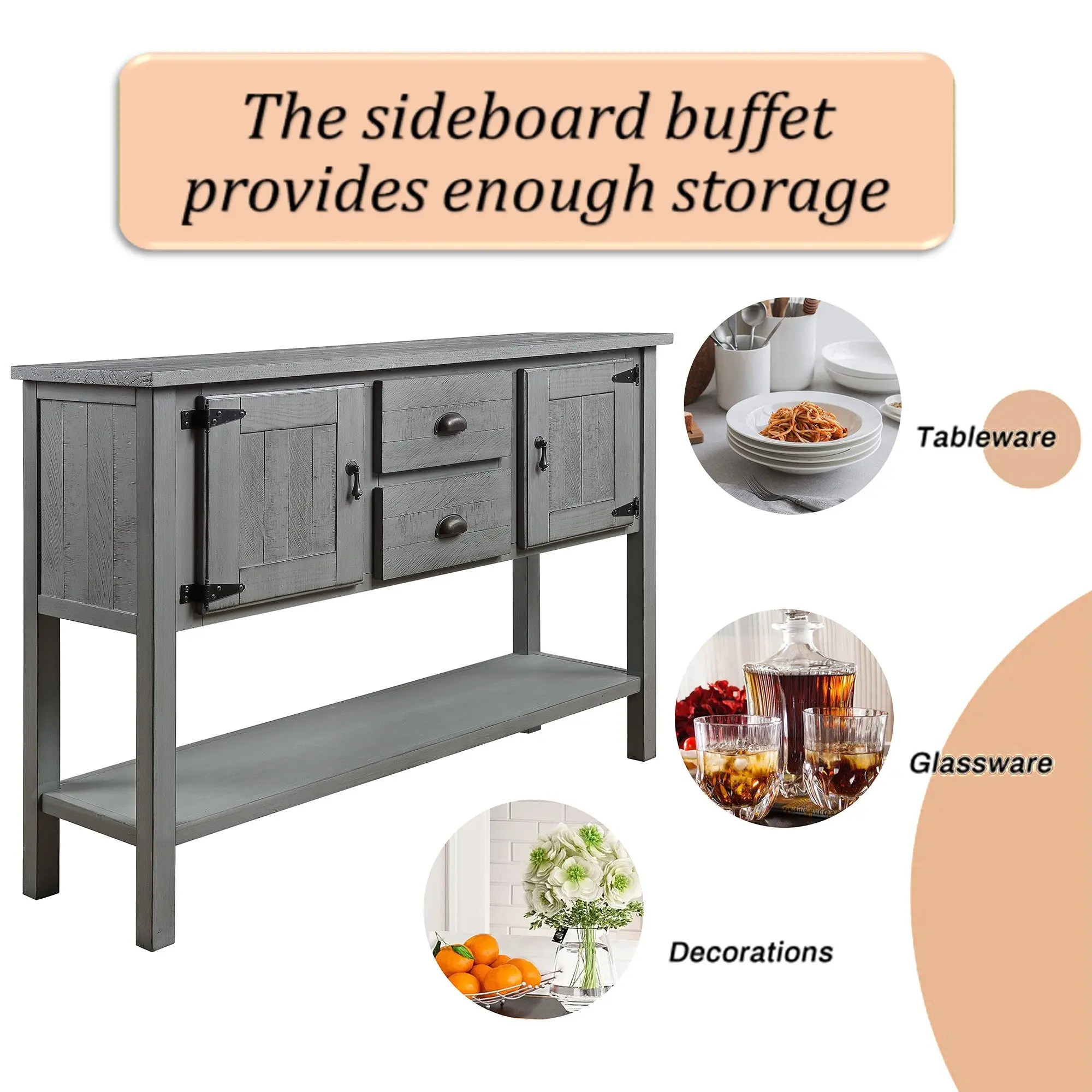 48'' Solid Wood Sideboard Console Table with 2 Drawers and Cabinets and Bottom Shelf, Retro Style Storage Dining Buffet Server