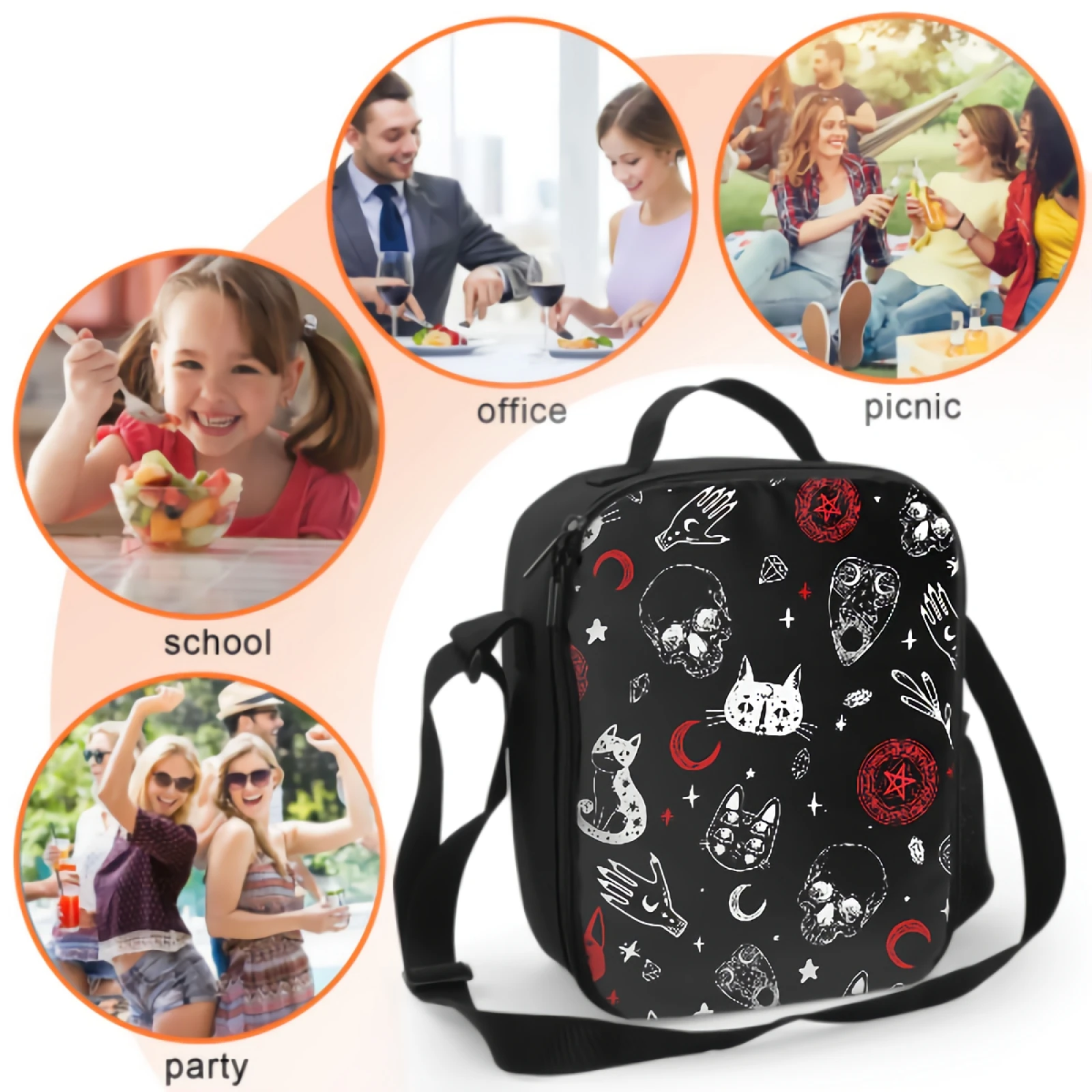 Skull Cat Moon Gothic Insulated Lunch Bag Halloween Tote Bag Cooler Bag for Adults Kids Lunch Box for Work School Picnic Camping