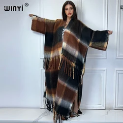 WINYI Winter cardigan woman party dress Female abaya outfits Fringed Warm coat Open Front Kimono long down poncho african dress