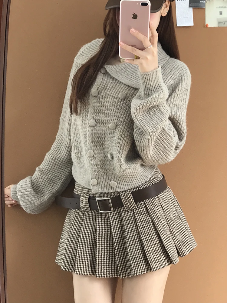 Cardigan tricoté rétro coréen pour femme, pull ouvert, taille haute, Slim, jupe plissée, ensemble Faion, nouvelle collection automne 2025