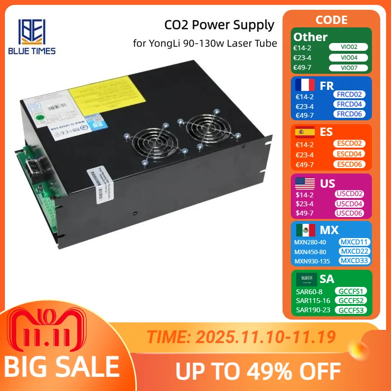 블루타임스 CO2 레이저 전원 공급 장치 90-130W 용리 레이저 튜브 출력 전압 35kV 최대 전류 28mA 크기 270x180x80mm
