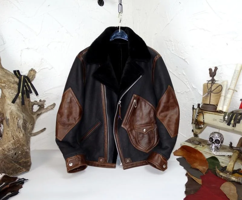 Leather and Fur One-Piece Collision Wax Dye Color-Changing Red Brown Cowhide Leather Leather Coat Men's Fur One-Piece