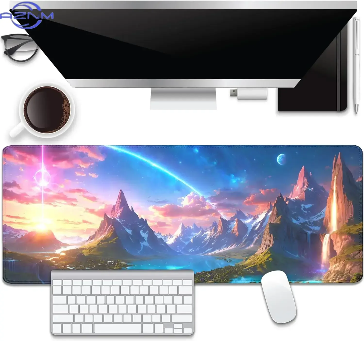 Magical Sunset Mountain Mouse Pad, Cosmic Star Lake Waterfall Pattern Non Slip Desk Mat for Gamers Office Home Keyboard Desktop
