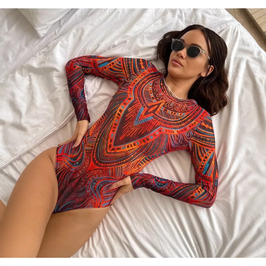 Sexy One Piece Printed Swimsuit Bikini Long Sleeved Set High Waist Bikinis Swimwear Beach Swimsuit Long Sleeves Sun Protection