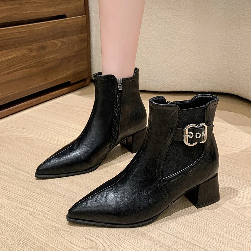 Pointed Toe Women Ankle Boots Basic Thick Heels Shoes Woman Mature Genuine Leather Autumn Winter Office Lady Short Boots