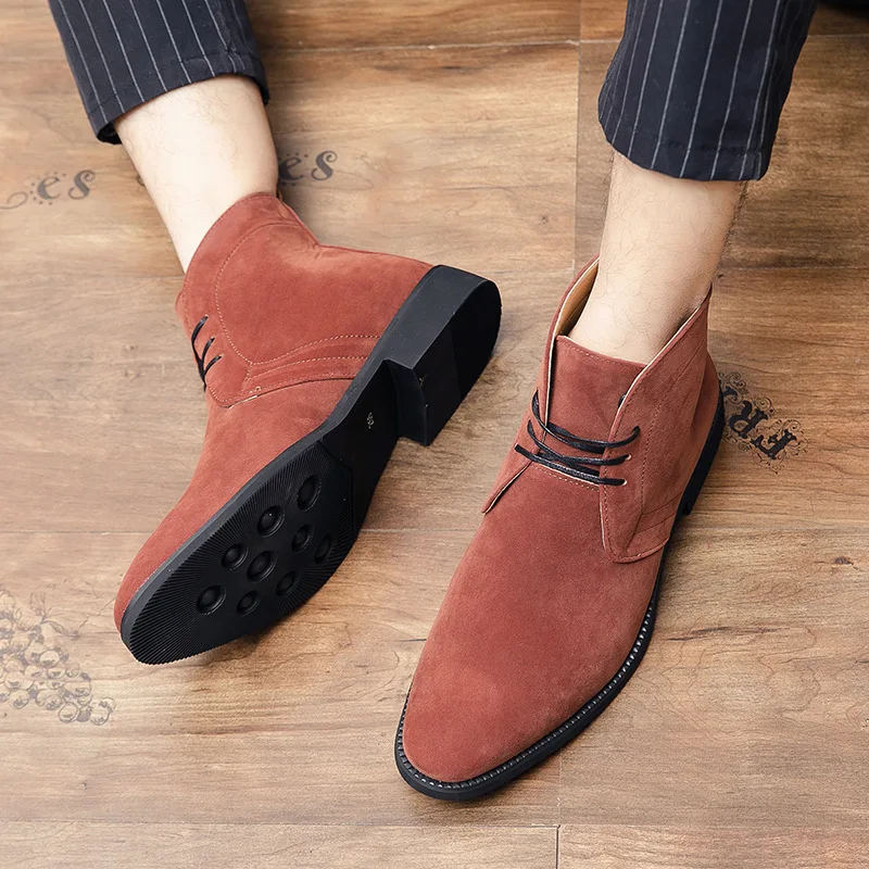 British Style Elegant Brown Chelsea Boots Men Lace-up Pointed Dress Boots For Man Comfortable Suede Men\'s High Top Leather Shoes