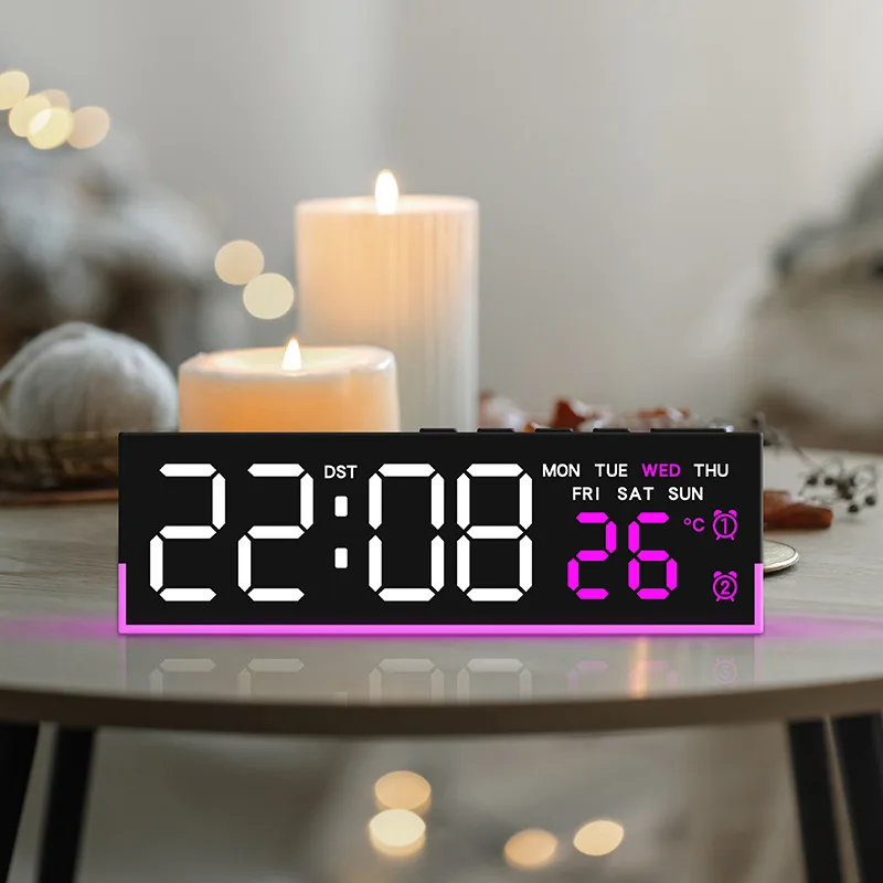 USB-betriebener digitaler Wecker mit Stimmungslicht, TEMP, Datum, Woche, 2 Alarme, automatisch dimmbar, Schlummer-Tischuhr, 12/24 Stunden, DST-LED-Uhr – Detail 8