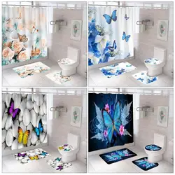 Aesthetic Floral Shower Curtain Set Rose Multi-Color Butterfly Shower Curtain Non-Slip Floor Mats Bathroom Decorative Hooks