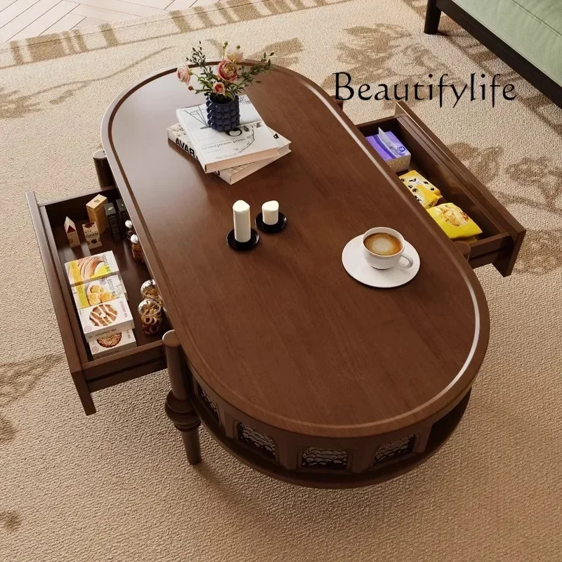 

НОВЫЙ средневековый чайный столик из цельного дерева для гостиной с выдвижным ящиком для хранения, французский ретро-маленький овальный маленький журнальный столик для квартиры