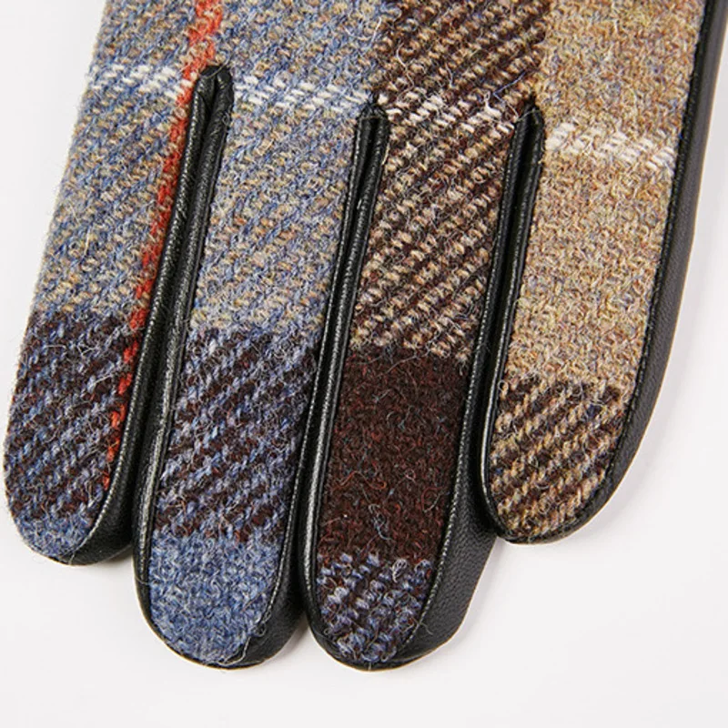 Luvas de couro de cabra para homens, tweed de lã, tela sensível ao toque, quente, cavalgando, dirigindo, outono, inverno