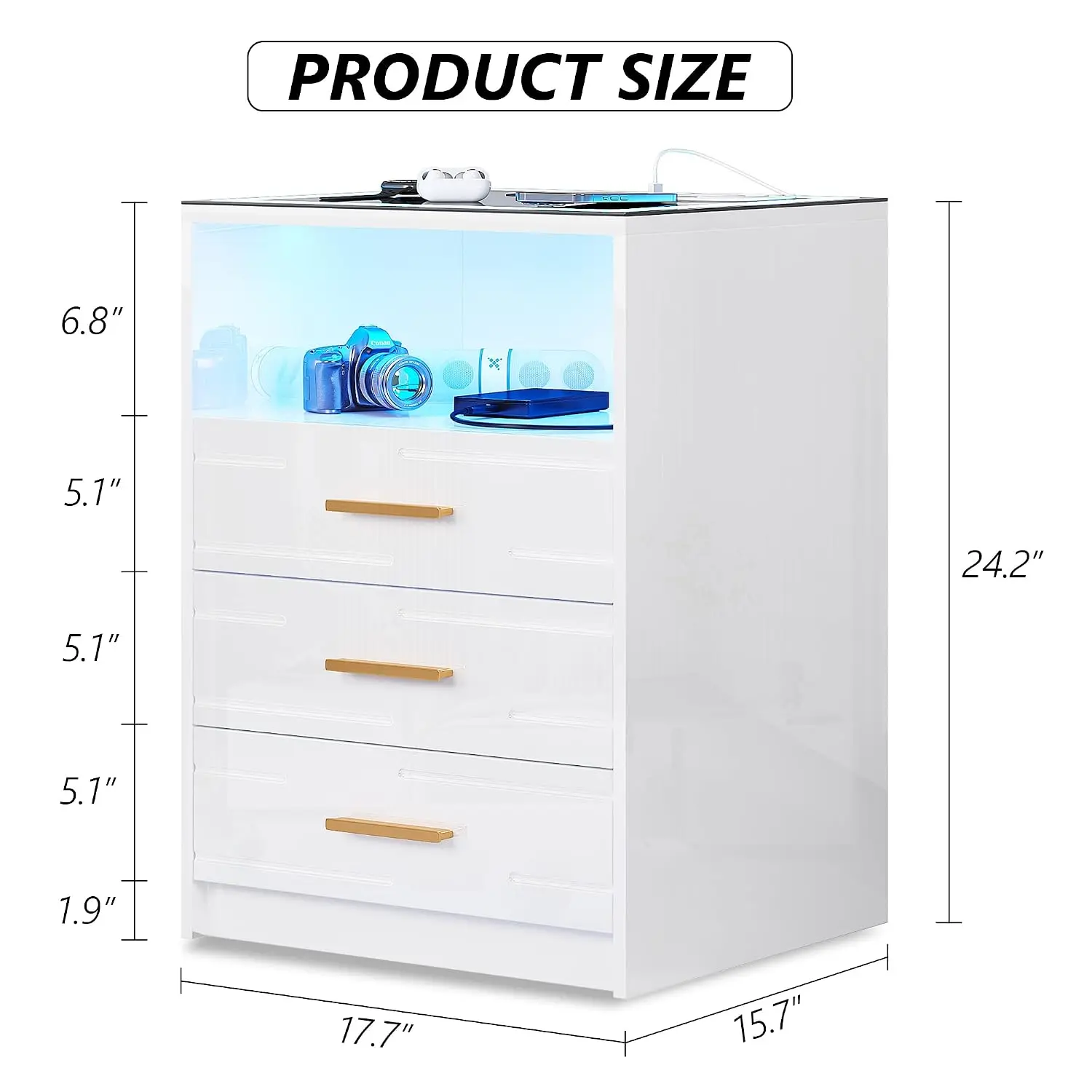 LED Nightstand Set of 2 Wireless Charging USB & Type-C Ports 3-Color Dimmable Touch Bedside Table Bedroom Office, Customized