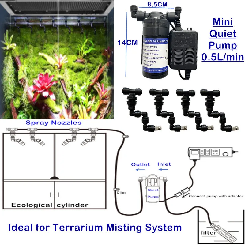 

A87 Super Quiet Water Pump with Reptiles Fogger Mist Nozzle Sprinkler for Rainforest Tank Misting Reptile Pets Terrarium Cooling