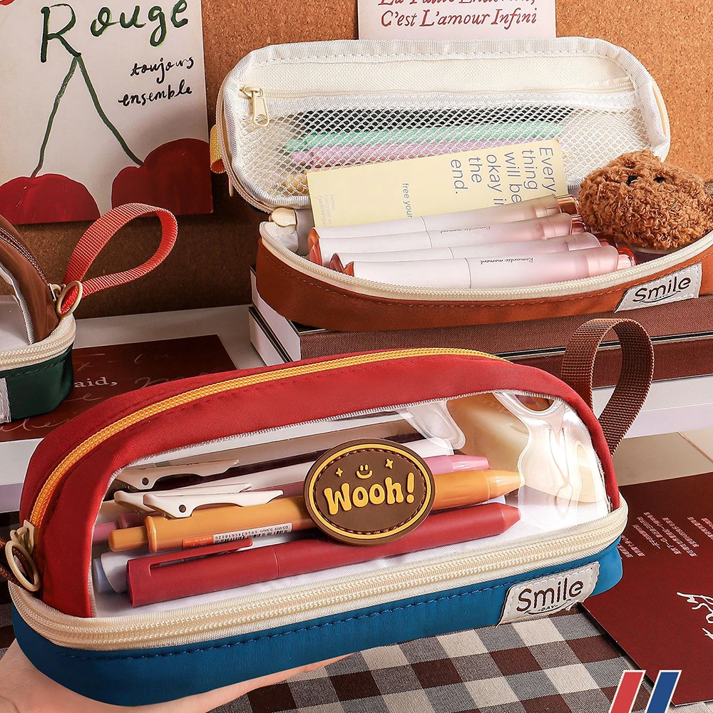 New transparent contrasting retro pencil case, student stationery storage bag, large capacity pencil case, gifts, prizes