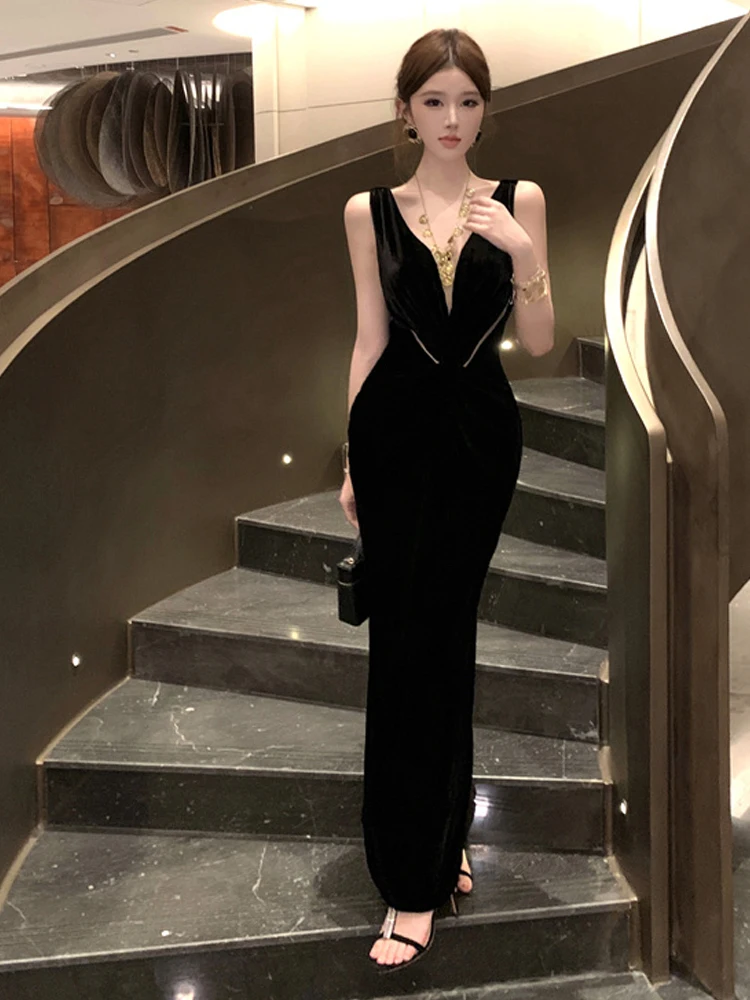 

Ele Velvet Deep V-Ne Strapl Gown Сексуальное бальное платье с запахом для тела Длинное платье для женщин с высокой талией Сексуальная женская мешковатая посадка Осень...