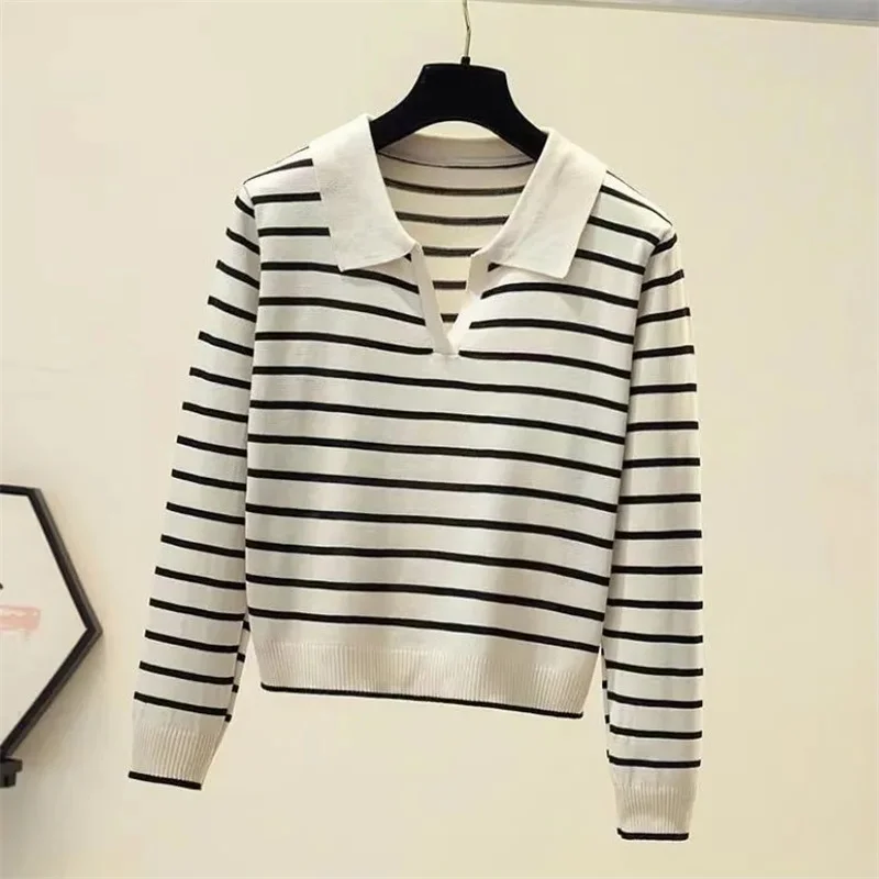 Women\'s Striped V-neck Pullover Polo Sweater Autumn All-match Tops Long-sleeved Knitted Bottoming Sweaters Jumpers 2024 New