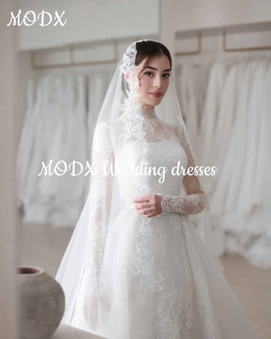 MODX Exquisite Weiße Spitze Prinzessin Hochzeit Kleid High Neck Floral Applique Sweep Zug Brautkleider vestidos de novia Angepasst
