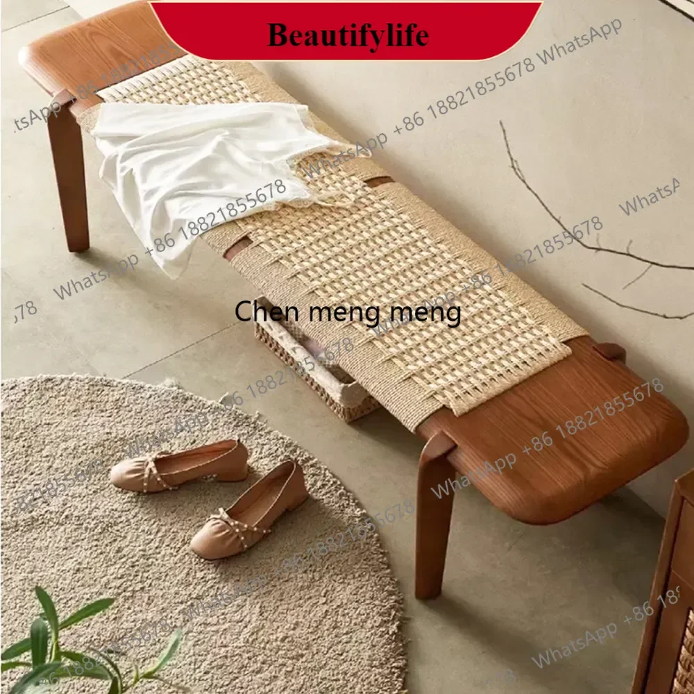 

M138Medieval style bench retro solid wood chair bedside stool designer rope dining stool bedroom