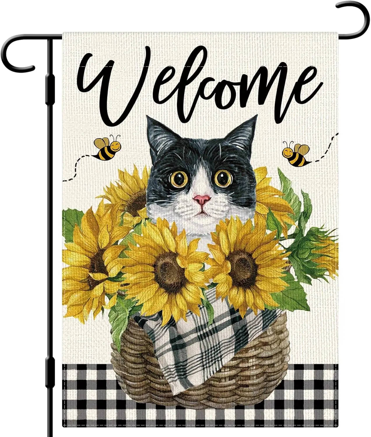 DLZDN Sunflower Cat Garden Flag Tuxedo Cat Garden Flag 12x18 Inch Vertical Double Sided Buffalo Plaid Summer Bee Floral Cat Welc