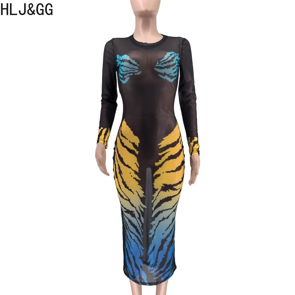 HLJ&GG Sexy Tiger Print Mesh Perspective Bodycon Mid Dresses Women Round Neck Long Sleeve Slim Vestidos Fashion Streetwear 2024