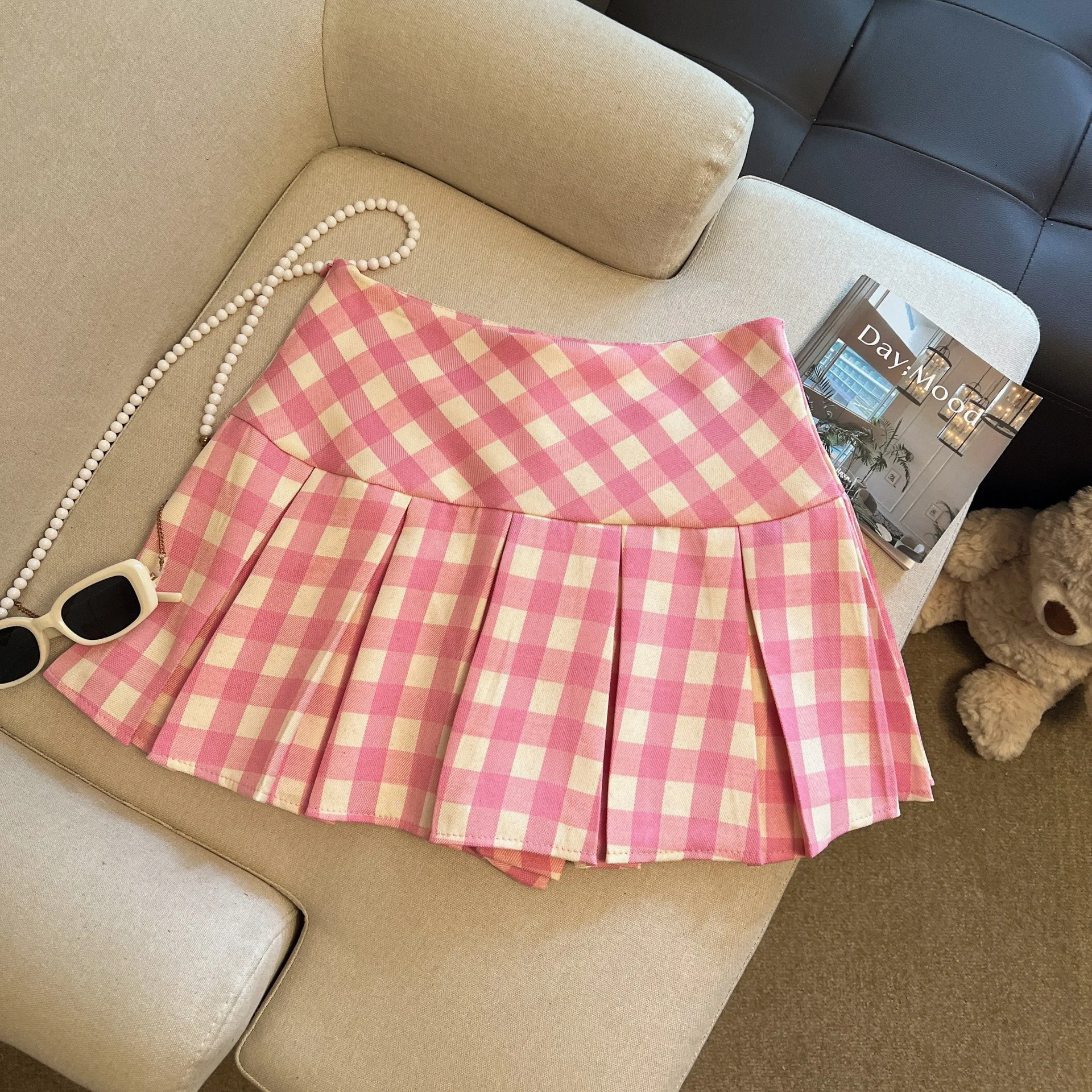 Women's Gingham Pleated Skirt in Blue Pink High Waist A-Line Checkered Mini Skirt with Built-in Shorts Preppy Y2K Coquette