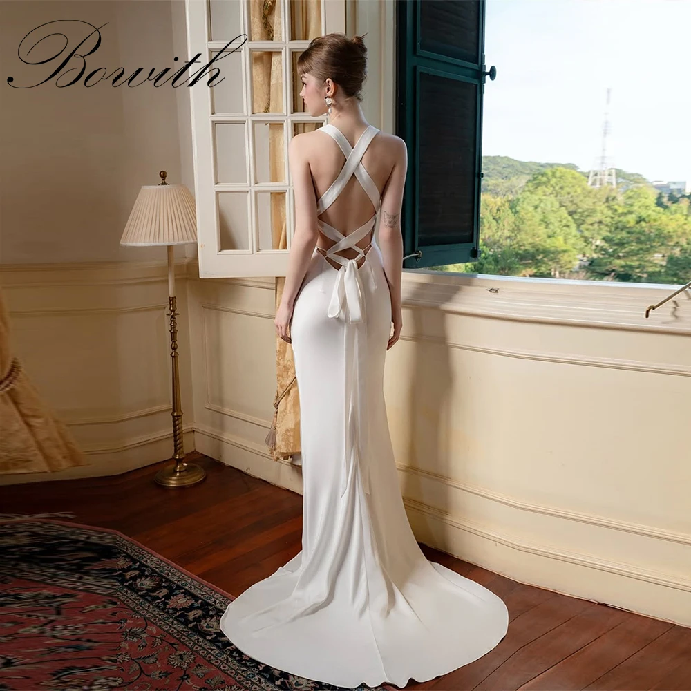 

Bowith Simple Backless Evening Dresses V-Neck Court Train Prom Gown Sleeveless Sheath Elegant Dresses robes de soirée