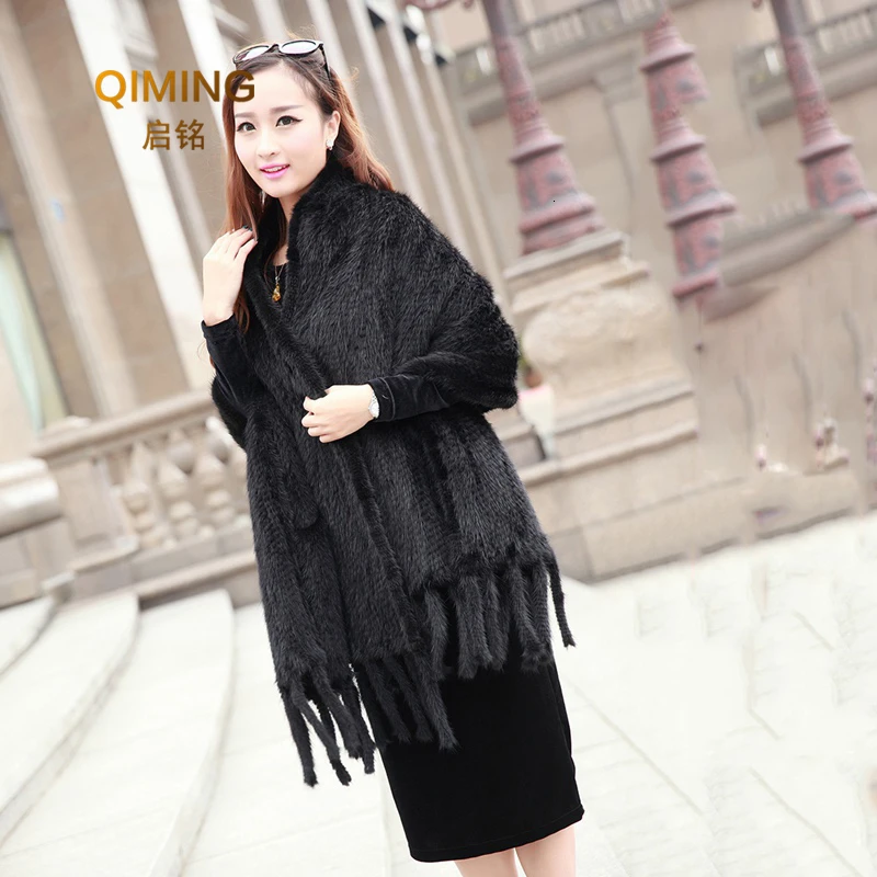 Women Real Mink Fur Shawl Knitted Big Size With Tassels Female Real Fur Capes and Wraps Pashmina Luxury Winter Scarf Coats