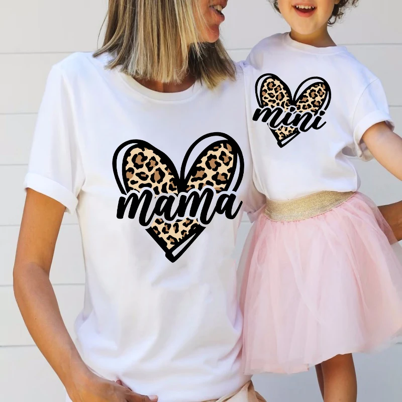 Mama Mimi Leopard Heart Print Family Matching Clothes Mother & Daughter Short Sleeve Outfit Shirt Fashion Mom Girl T-shirt Tops view 3