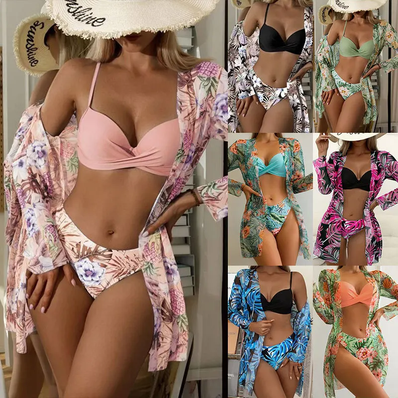 

New sunscreen beach three-piece swimsuit feminine print bikini swimsuit wholesale