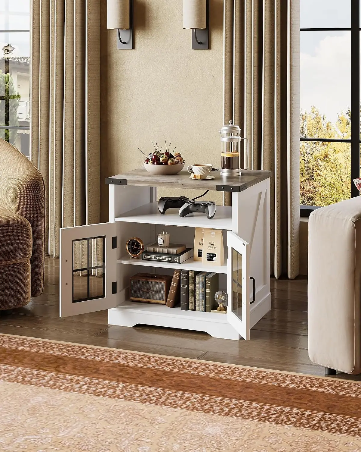Farmhouse End Table with Charging Station & LED Light for Living Room, Customized