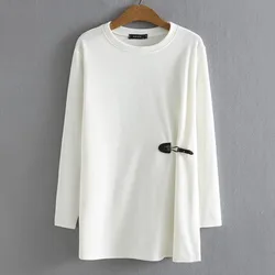 2022 Autumn Plus Size T Shirt Women Clothing Casual Button Design Tops Fashion O-Neck Long Sleeve Solid Color Tops