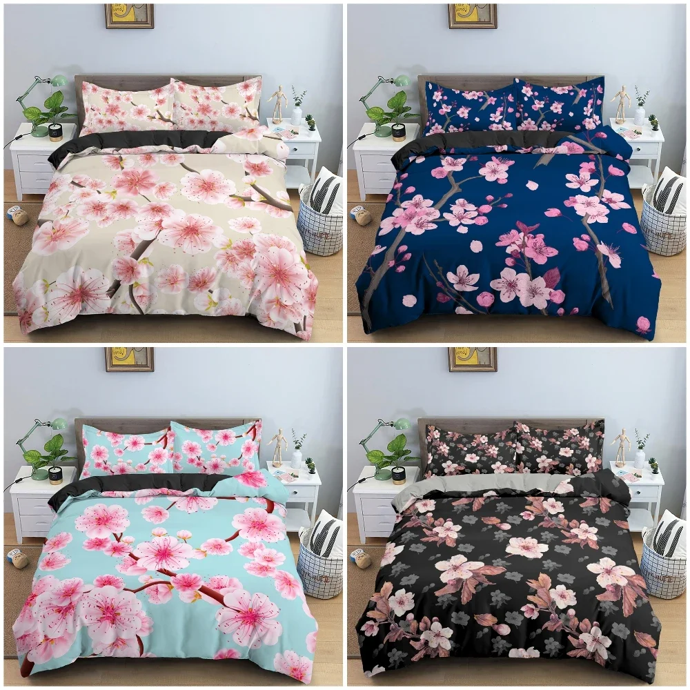 

Beautiful Cherry Blossoms Pattern Bedding Set Bedroom 3D Flowers Scenery Duvet Cover Set Pillowcase King Double Twin Bedclothes