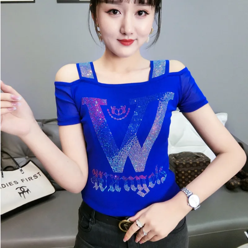 Chic Summer Short Sleeve T-shirts Women With Diamonds Skinny T-shirt Femme Slash Neck Off Shoulder Top Sexy Club Ladies Tees