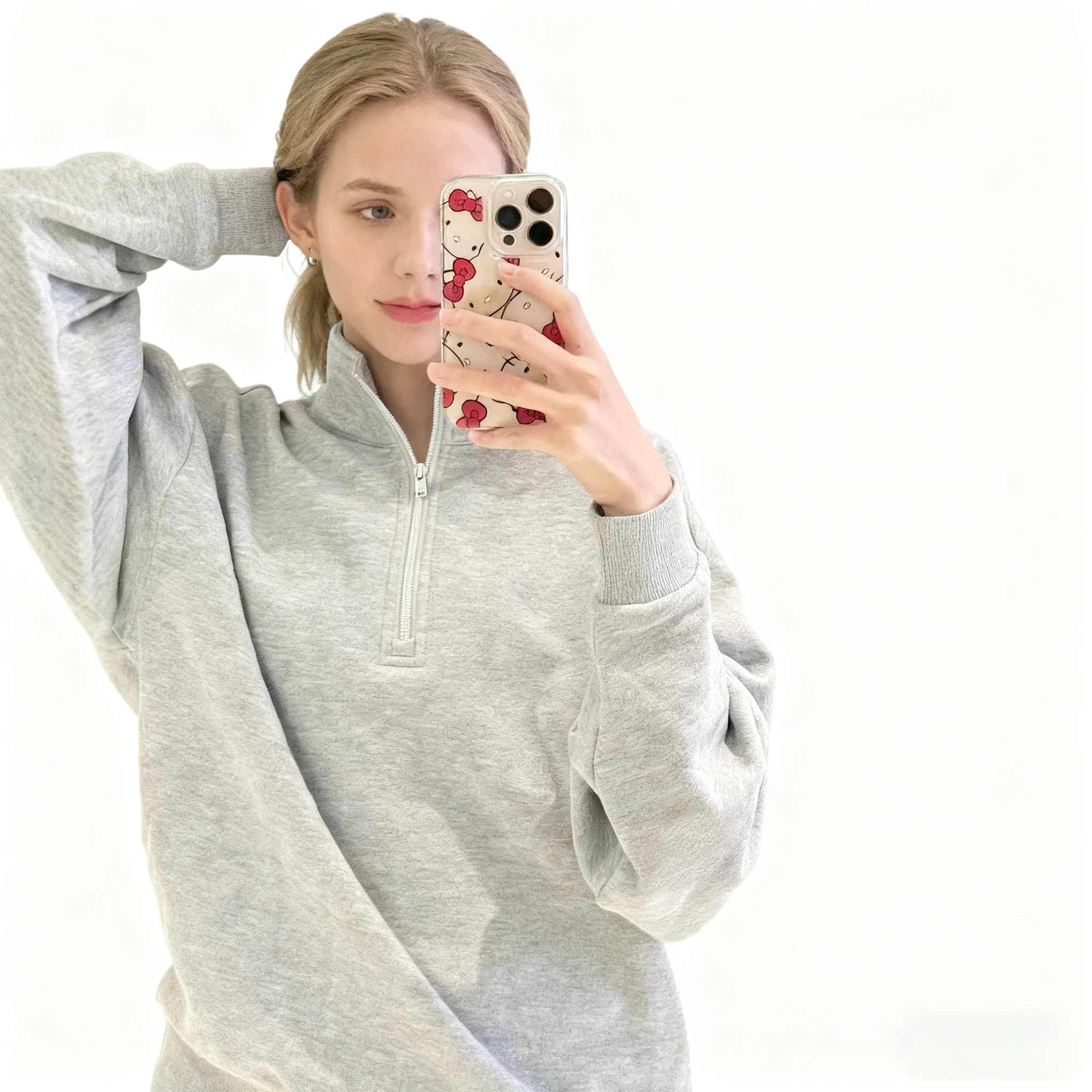 เสื้อฮู้ดซิปสีเทาแขนยาวสำหรับผู้หญิง เสื้อสเวตเชิ้ตลำลอง เสื้อกีฬาโยคะ คอตั้ง เสื้อคลุมหลวมสำหรับออกกำลังกาย เสื้อโค้ทฤดูใบไม้ร่วง