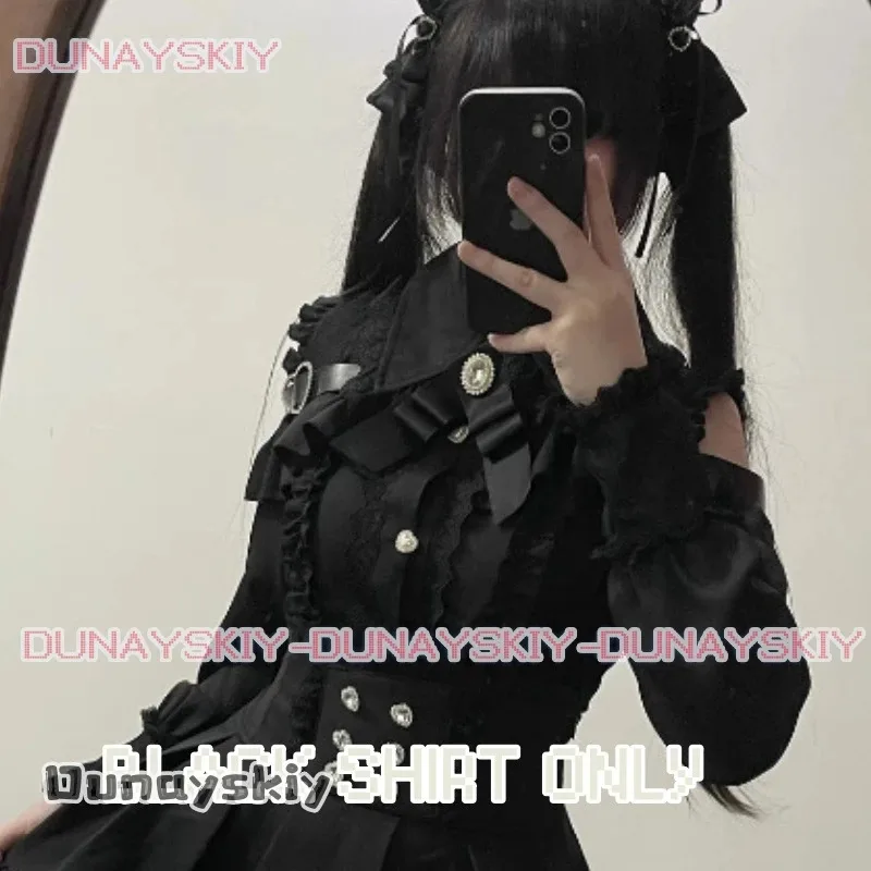 CyJirai kei-Conjunto de blusa Lolita para niña, Top, camisa de manga larga para mujer, faldas negras con lazo Kawii, camisas Y2K dulce estilo japonés para mujer S