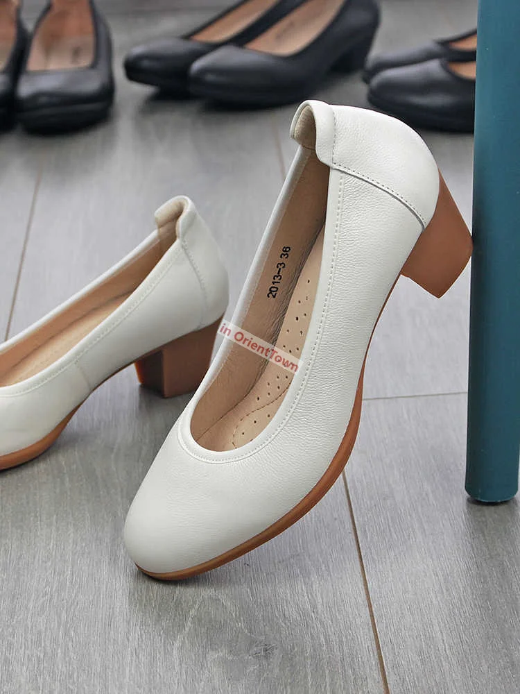 Women's Soft Leather Single Shoe Middle Heel 3.5 CM 5 cm Commuting Shoes Airline Career Stewardess Work Wear Real Leather Shoes