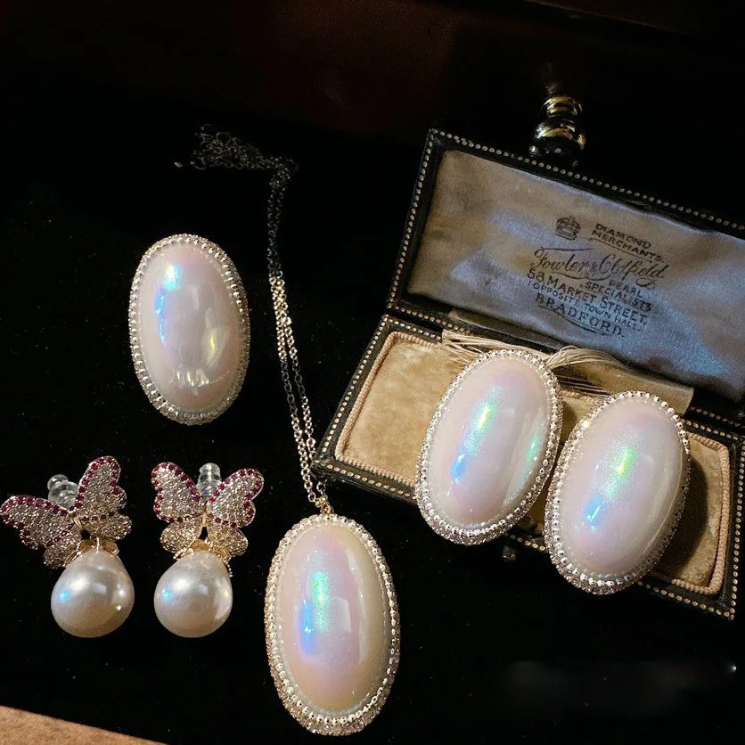 2023 Women Mermaid Tears Egg shaped Pearl Earrings Vintage Tahitian Seawater Shell Pearl Ring Small Light Bulb Necklace