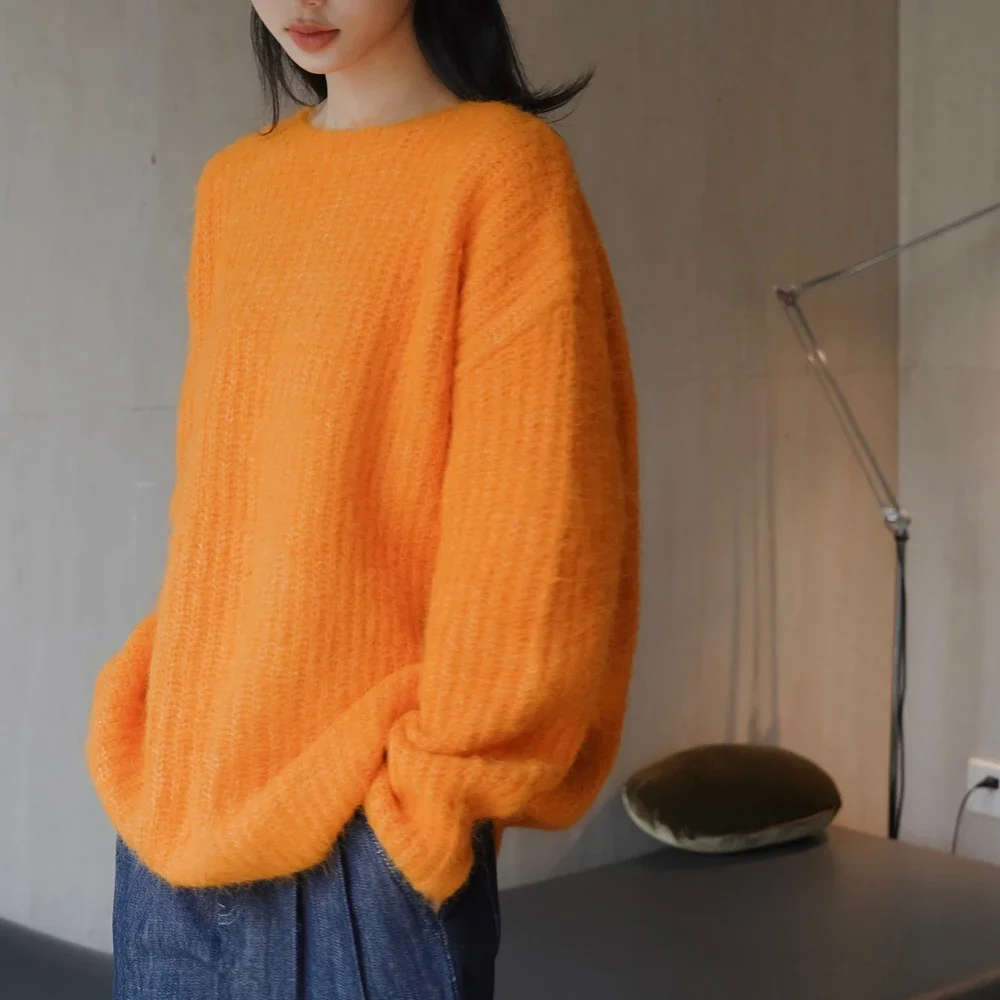 Mohair Wool Blend O Neck Long Sleeve Pullover for Women Soft Knit Casual Sweater Top