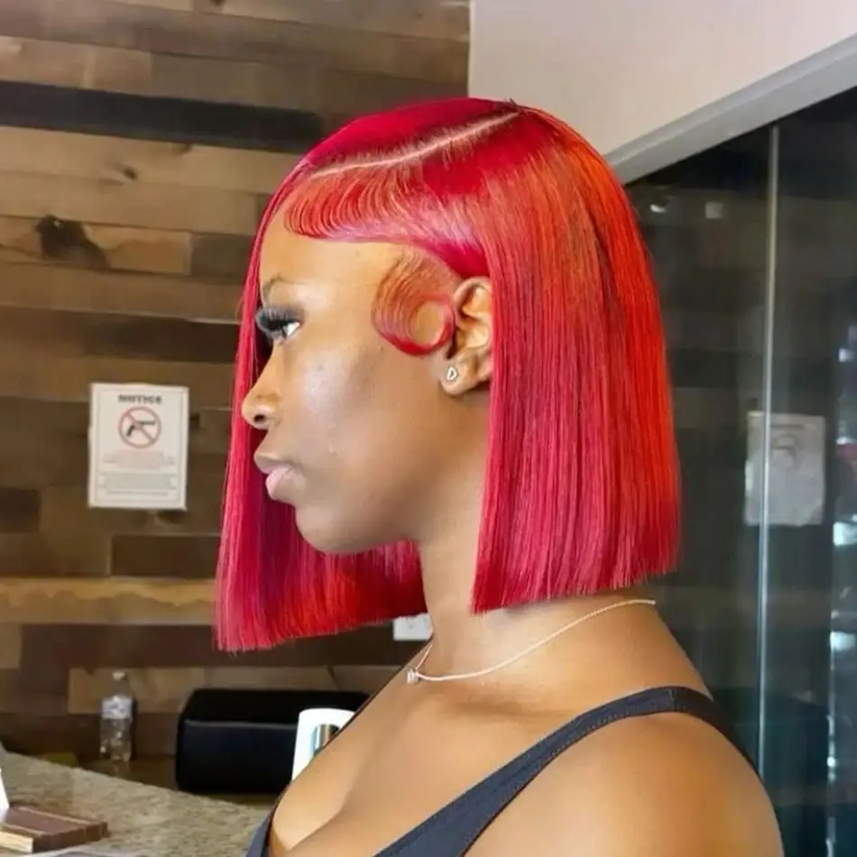 

Red Color Human Hair Bob Wig 13x4 Bone Straight Lace Frontal Wig Pre Plucked Human Hair Wigs Brazilian Remy Bob Wig 8-14 Inch