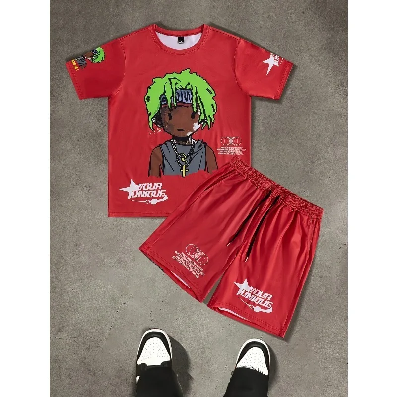 

2025 модная мужская повседневная спортивная одежда с 3D принтом, повседневный уличный тренд, комплект шорт из полиэфирного волокна с круглым вырезом и короткими рукавами
