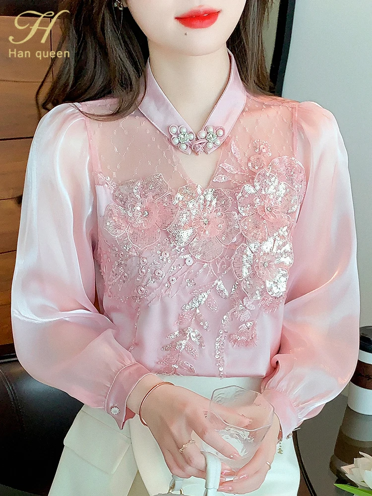 H Han Queen Simple Autumn Blusas Elegant Bead Embroidery Blouses Womens Korean Loose Casual Vintage Shirts OL Office Work Tops