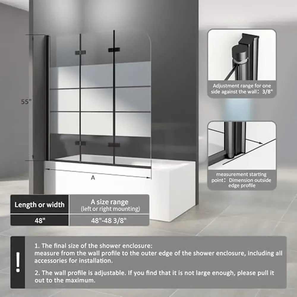 Porta de chuveiro de banheira semi-sem moldura 48 "x 55" porta de vidro dobrável articulada 1/4 "divisor de filme à prova de explosão de vidro temperado