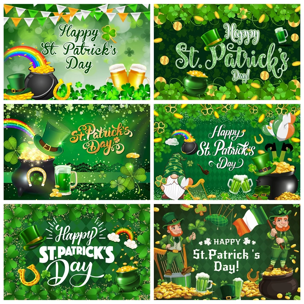 

Happy St. Patrick’s Day Backdrop for Photography Clover Shamrock Hat Festival Party Decor Portrait Background Photo Studio Props