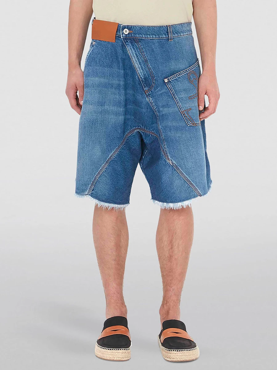 ReddaChic sfilacciato Patchwork irregolare pantaloncini di Jeans uomo baffi asimmetrici Casual estate vita bassa Jeans larghi jords vestiti retrò