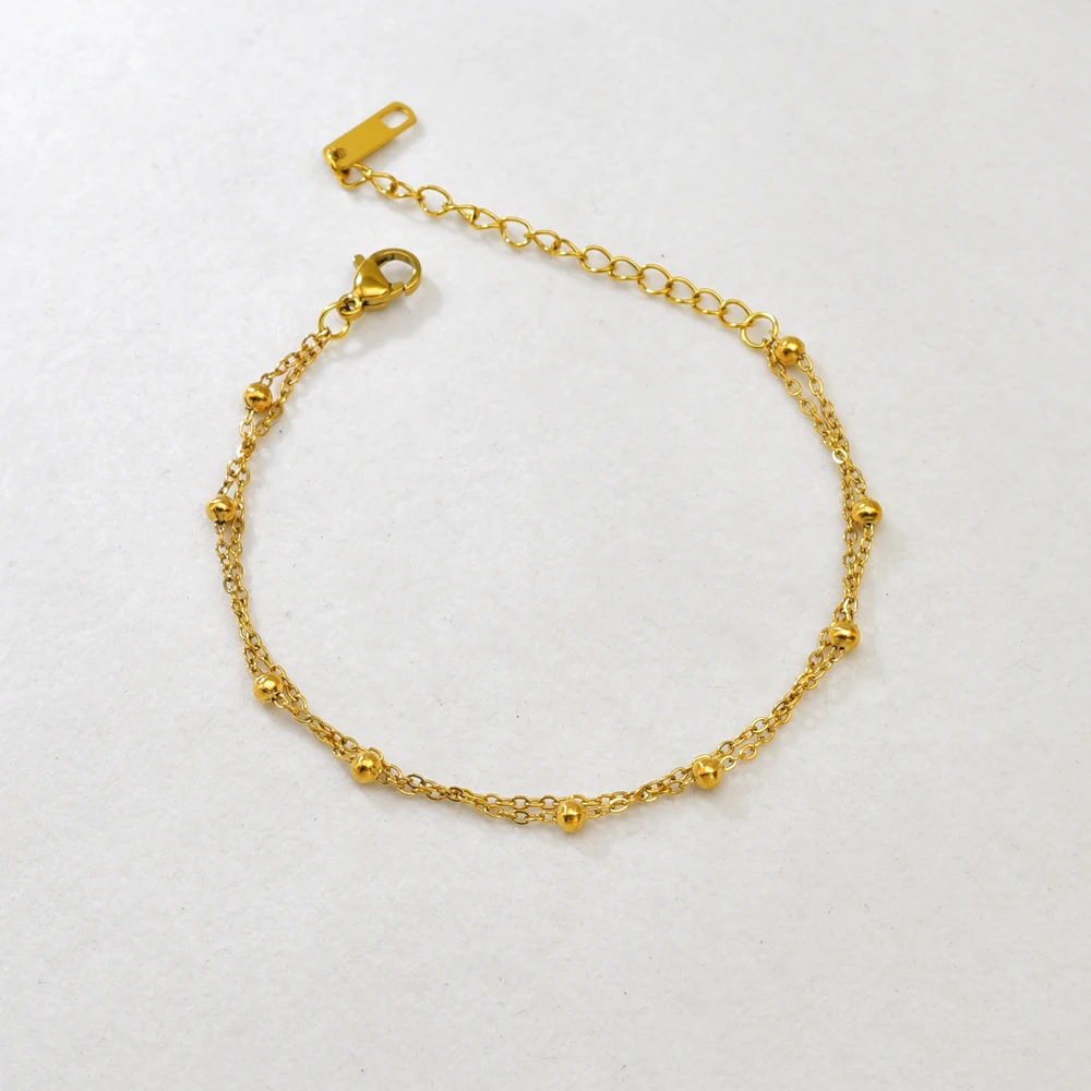S09 Simple Korean style Double-layer round Ball Small ball Gold bead bracelet, stainless steel gold women's style