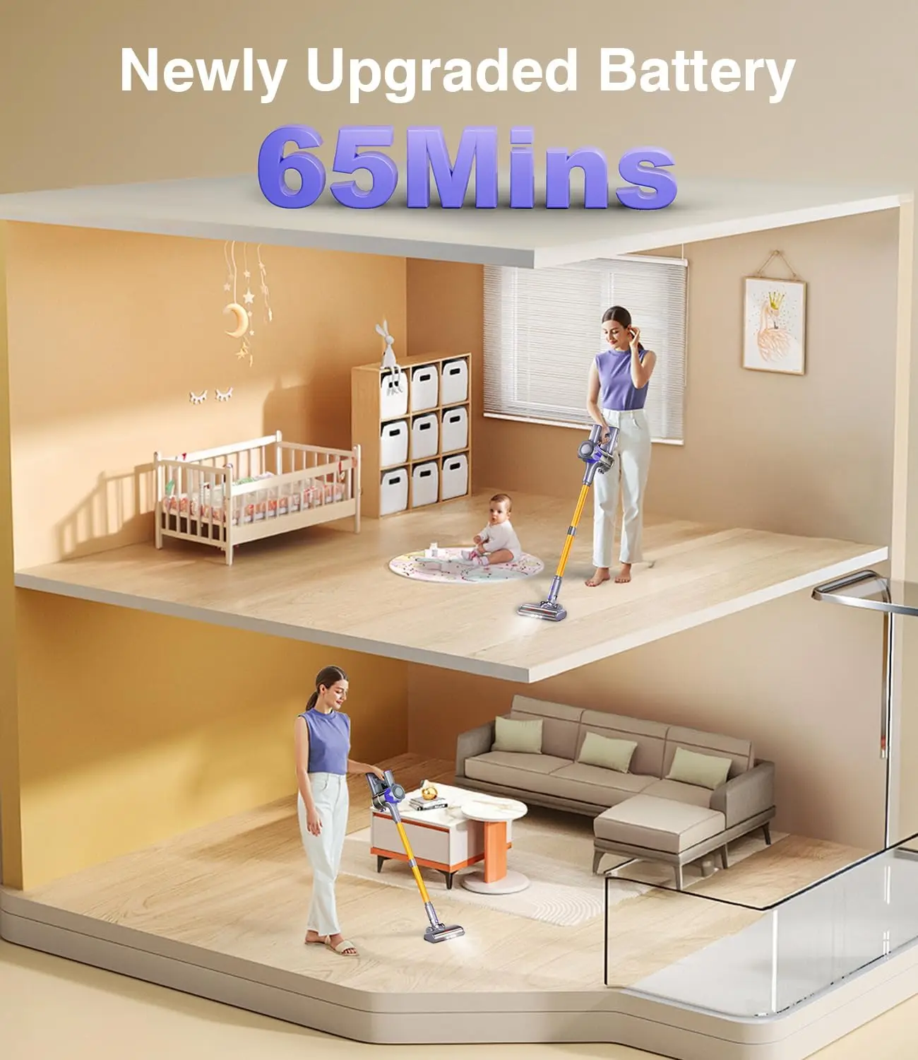 コードレス掃除機、450W 48Kpa強力スティック掃除機、最大65分充電式バッテリー、家庭用掃除機、アンチタン