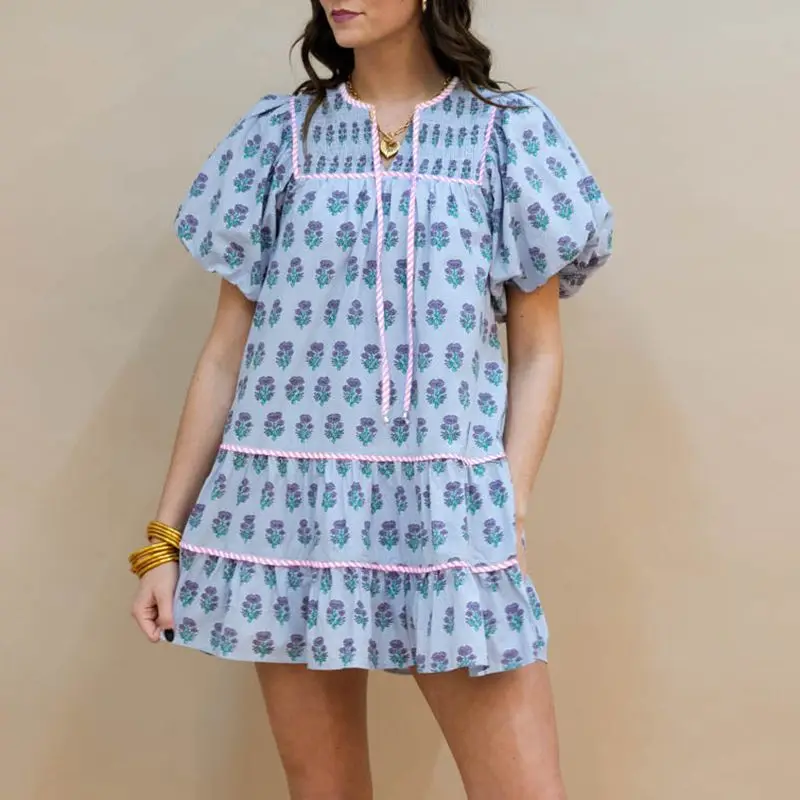Women Summer Smocked V-Neck with Thin Straps Aesthetic Floral Print Short Puff Sleeve Loose Flowy A-line Mini Dress