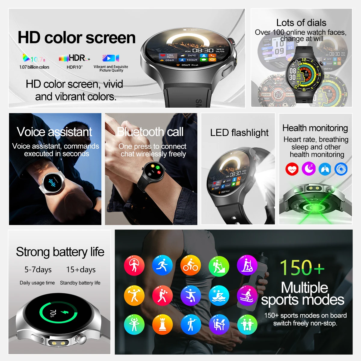 2025 New Outdoor Sports Smart Watch Men Riding Running Fitness IP68 Waterproof LED Lights Bluetooth Call Smartwatches