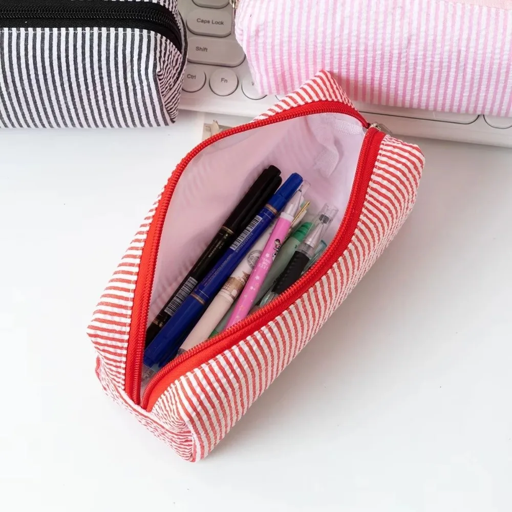 New Stripe Pattern Pen Pouch Multi-Purpose Large Capacity Pen Bag Zipper Closure Durable Pencil Case Home Storage