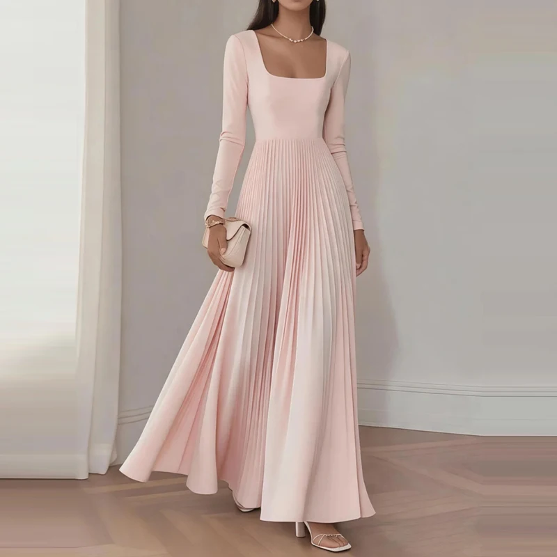 Spring Elegant Square Collar High Waist Long Dress Women Fashion Solid Pleated A-Line Dress Autumn Long Sleeve Simple Maxi Dress