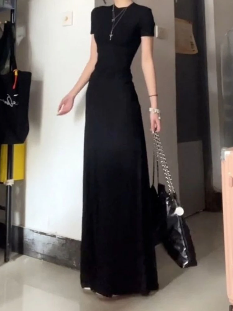 

Платье женское макси элегантное летнее корейское модное повседневное платье с коротким рукавом Vestidos универсальное трапециевидное платье High Street Temperament однотонное вечерние